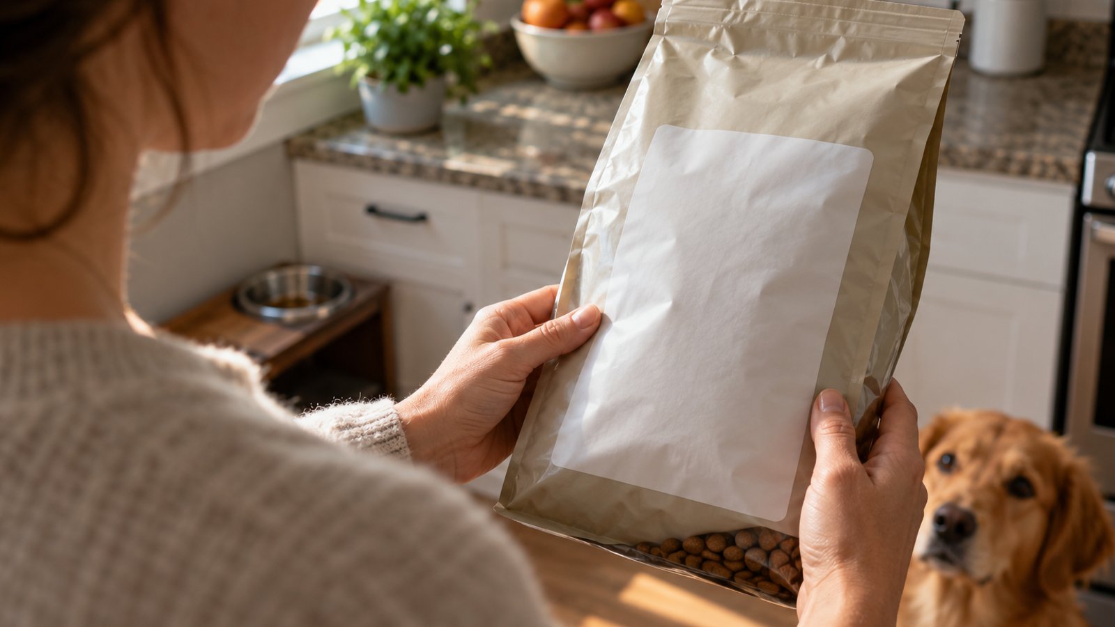 Hands holding a bag of dry pet food and reading the label (illustrative)