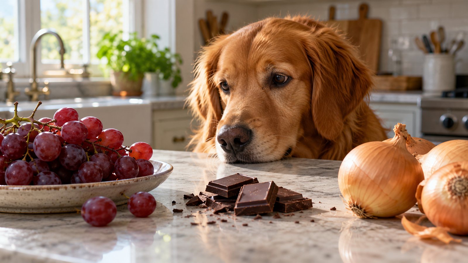 A dog looking at food on a kitchen counter (illustrative)
