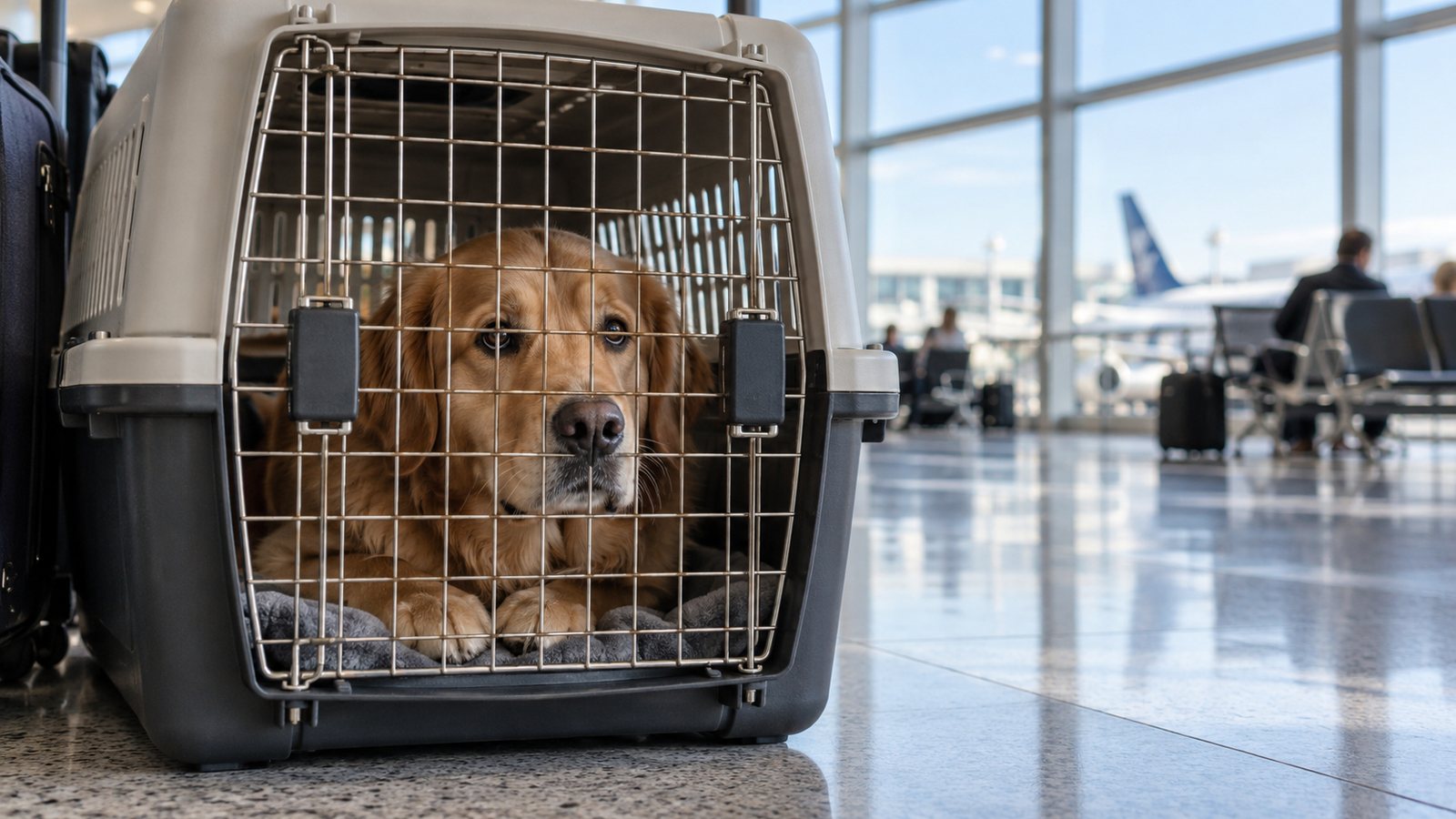 A dog in a travel crate at an airport (illustrative)