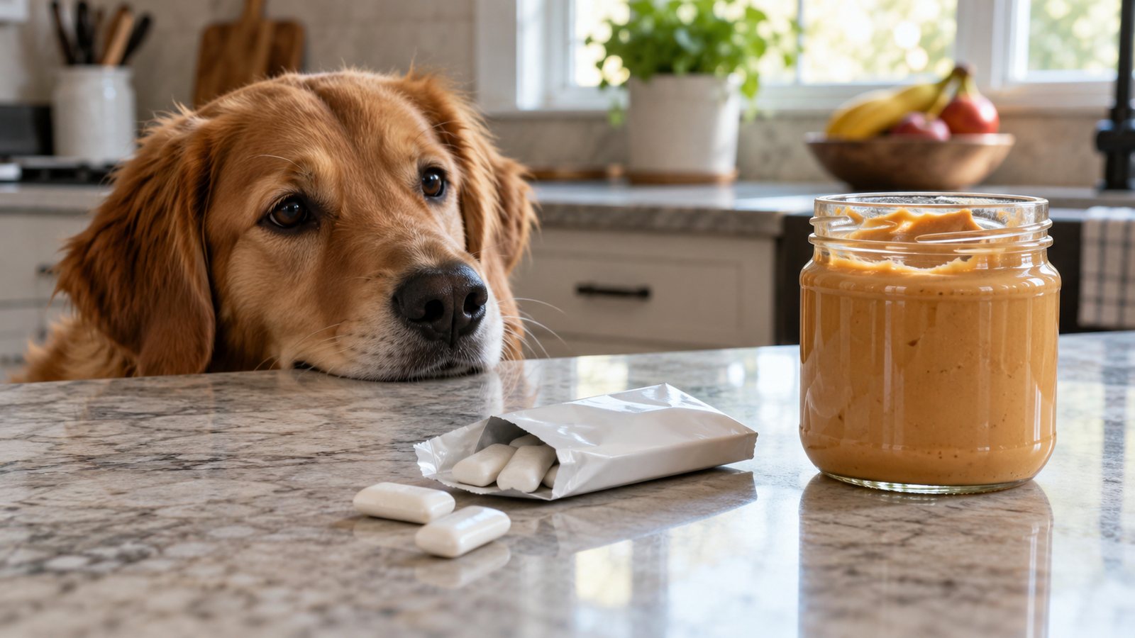 Sugar-free gum and a jar of nut butter near a dog (illustrative)
